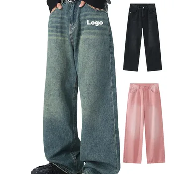 Colorful Street Wear Retro Men Fashion Denim 100% Cotton Washed Straight Wide Leg Plus Size Men Baggy Jeans Pants