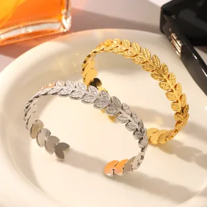 MW New Waterproof Stainless Steel 18K Gold Plated Leaf Chunky Bangle Cuff Bracelet Women Fashion Jewelry Adjustable Size Wedding