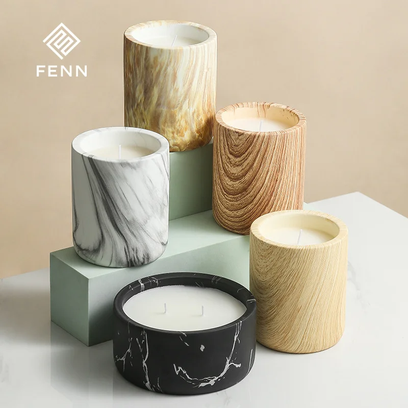 product fenn simple wood grain aromatherapy empty ceramic marble candle jar fragrance round colorful marble candle vessel jar wedding-59