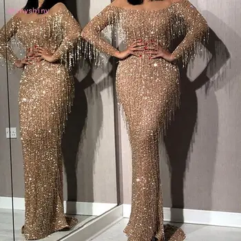 Sexy Modern Mermaid Sequins Tassel Prom Evening Dress sleeveless Gold Formal Party Gowns Dance Club Dresses 82011418DS