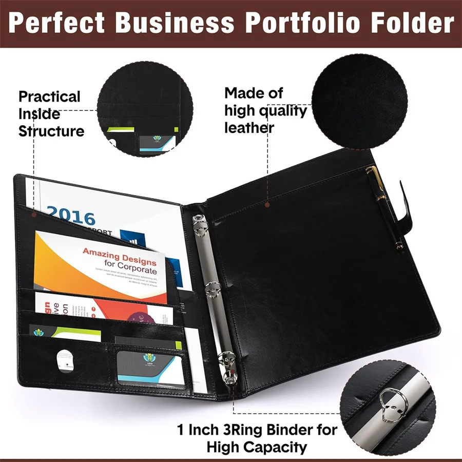 3 Ring Binder Business Portfolio Folder Leather Padfolio With ...