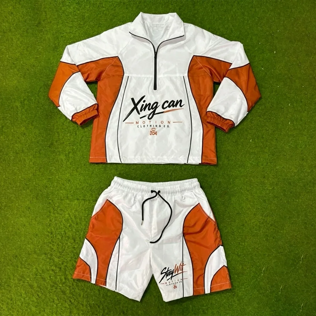 Miljøvenlig vintage tracksuit til mænd med kappe til efteråret, vindtæt og letvægts to-delers streetwear med DTG-digital print-logo, sportstøj