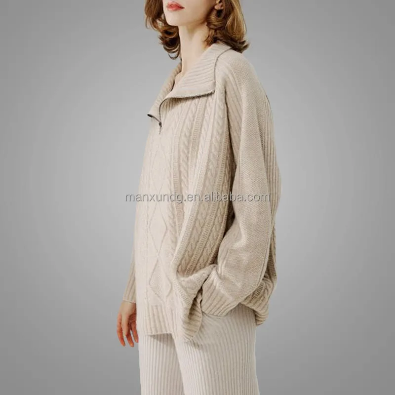 Manufacture Supplier Knit Sweater High Neck Zip Cable Winter Top