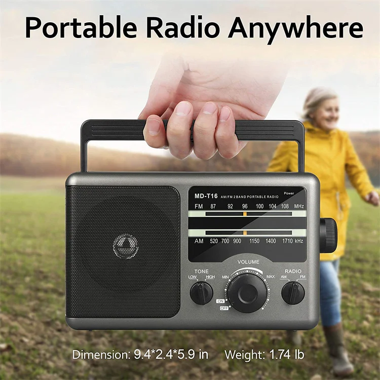 Portable AM FM Radio Battery Operated or AC Power Large Tuning Knob Elder Home Radio