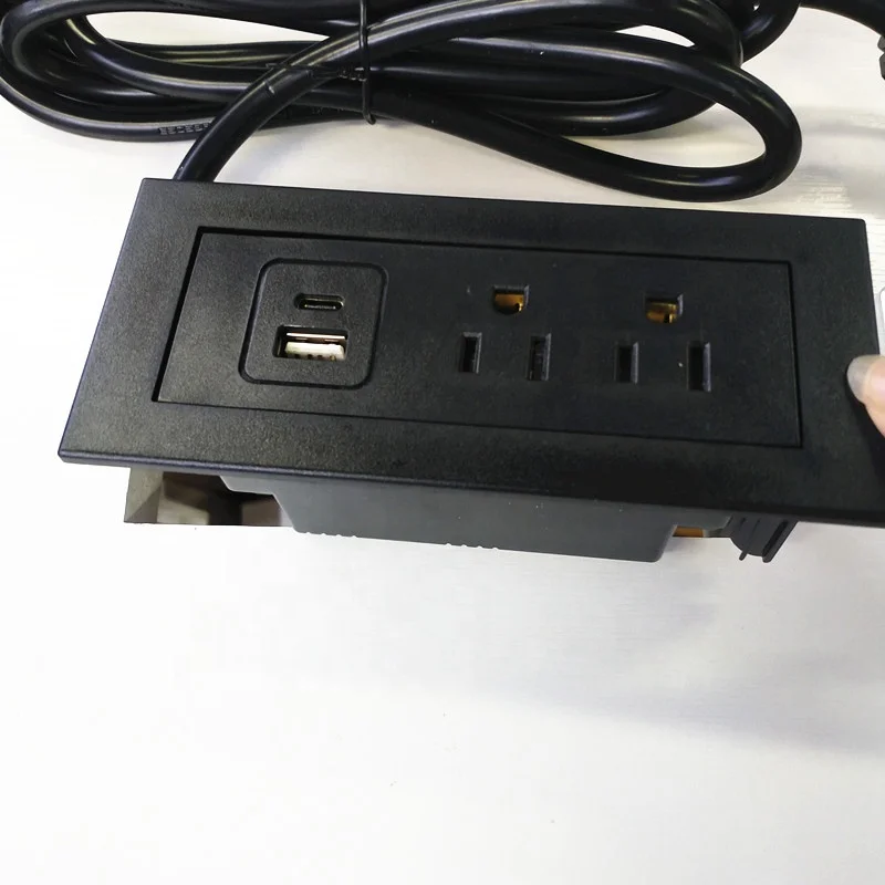 Gold US Standard Recessed Drawer Power Strip with USB C Port Socket Office Desk Embedded Flush Mounted Power Plate Socket