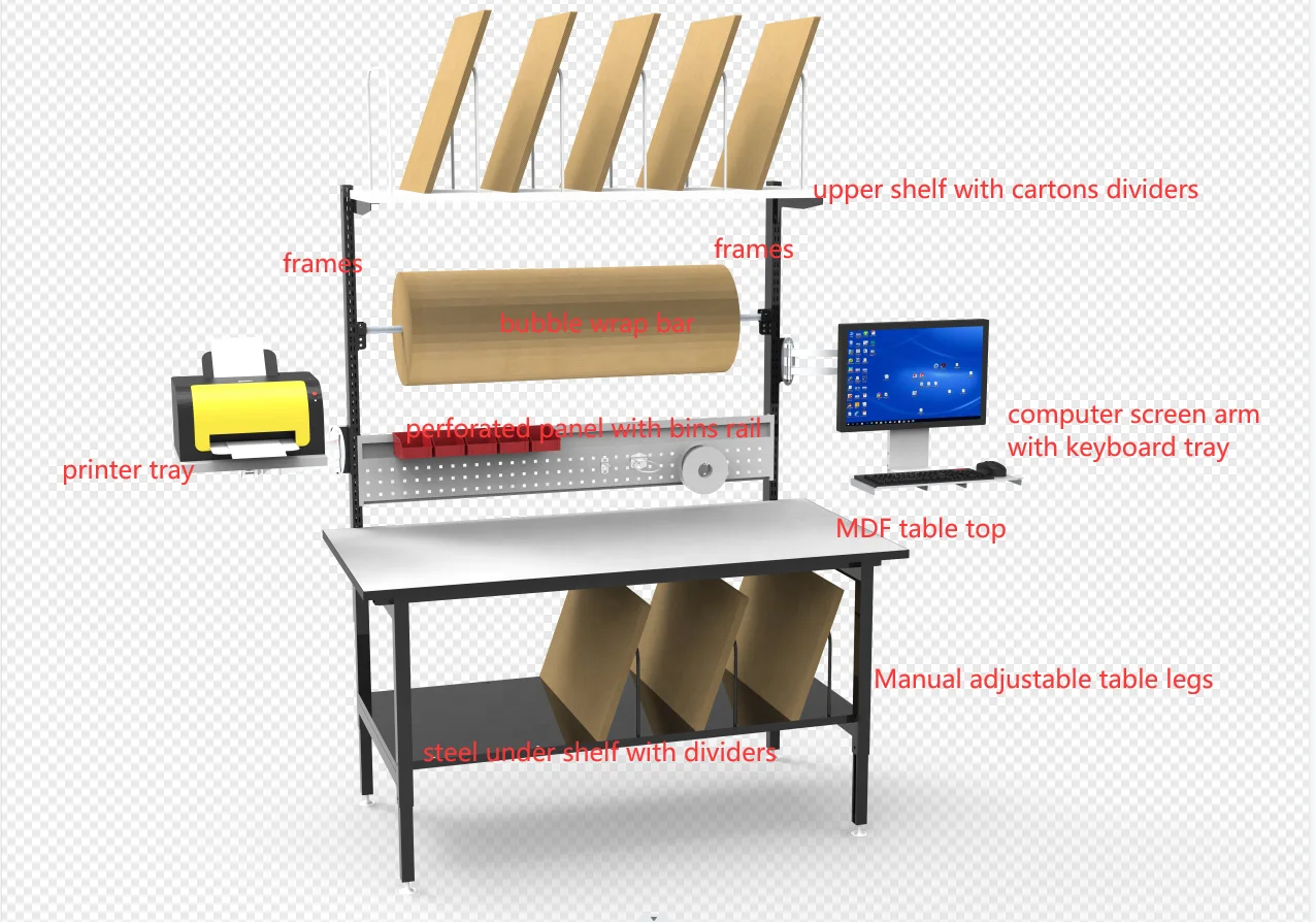 390USD Parcel Packing Table Functional Packaging Bubble Wrap Cutter Work Bench with Cartons Shelf