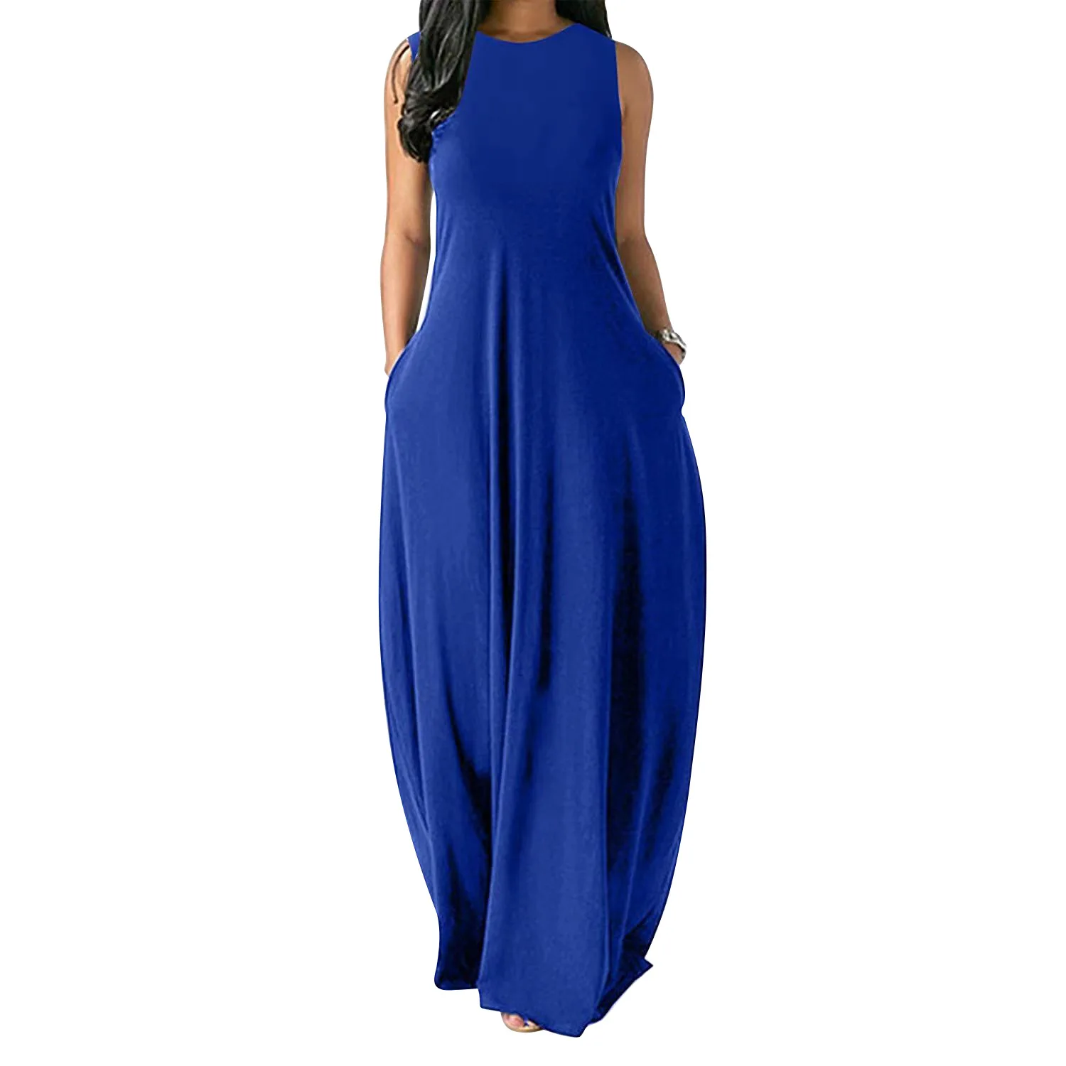 Summer Maxi Dress Short Sleeve Women Sundress Solid Color Loose Pockets