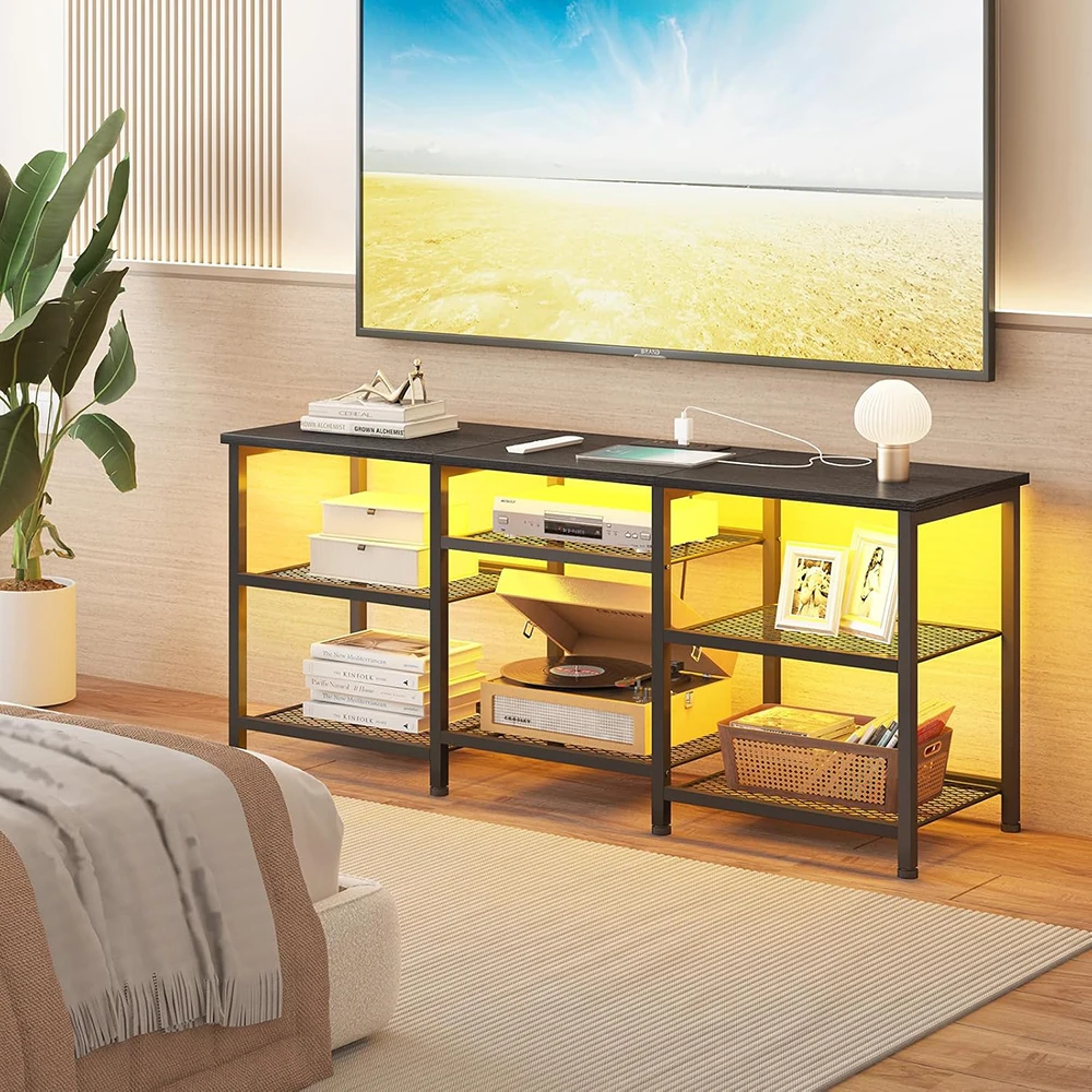 product wooden modern tv stand 55 inch tvs entertainment center movable shelf panels power outlet led lights open storage shelves media-1