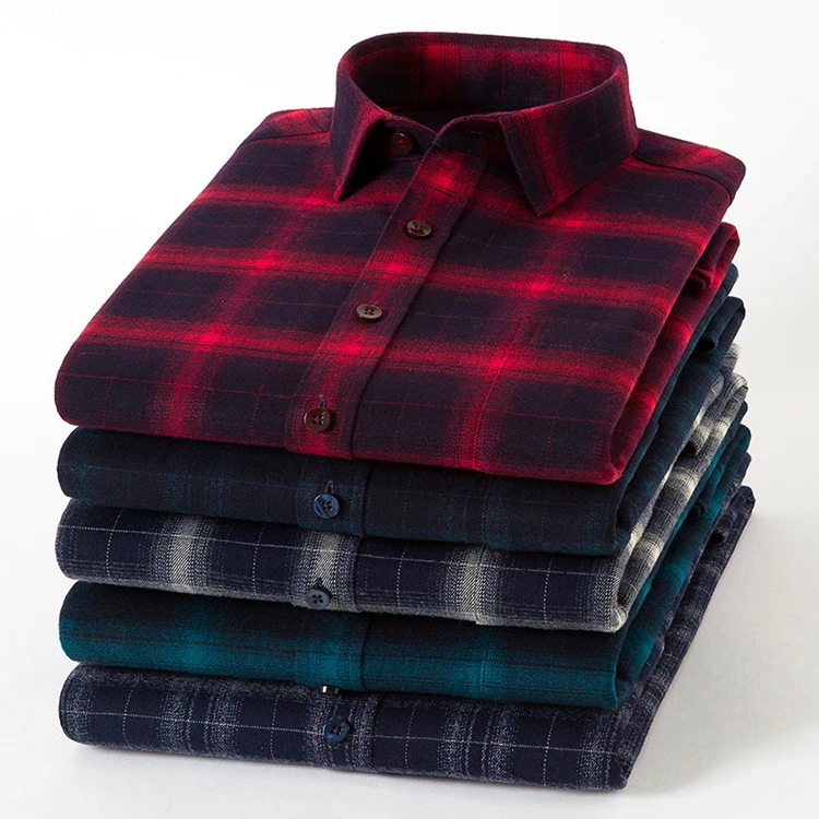 High Quality Autumn Casual Dark Plaid Pattern Flannel Nice Trending Full Long Sleeve Polyester Spandex Red Check Shirts for Mens