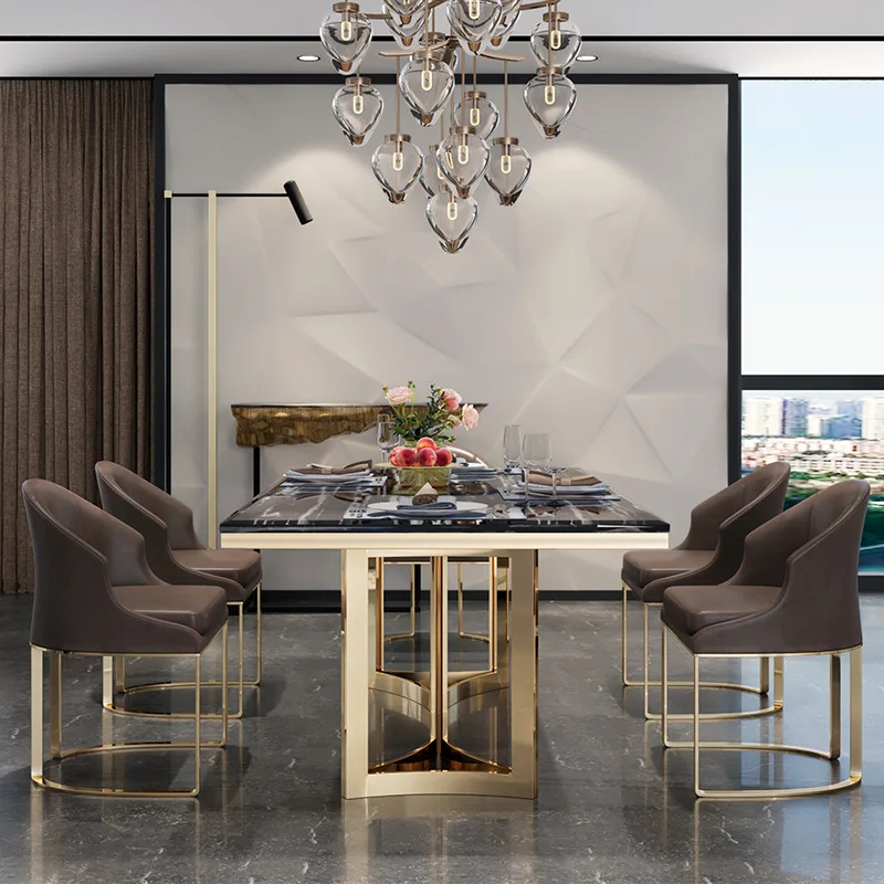 Luxury LV Style Marble Stainless Steel Gold Electroplating Dining Table