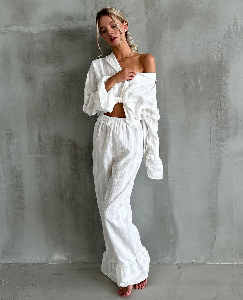 Women Cotton Pajama Set Long Sleeve Striped Jacquard Full Length Sleepwear Breathable Soft European American Style — detail