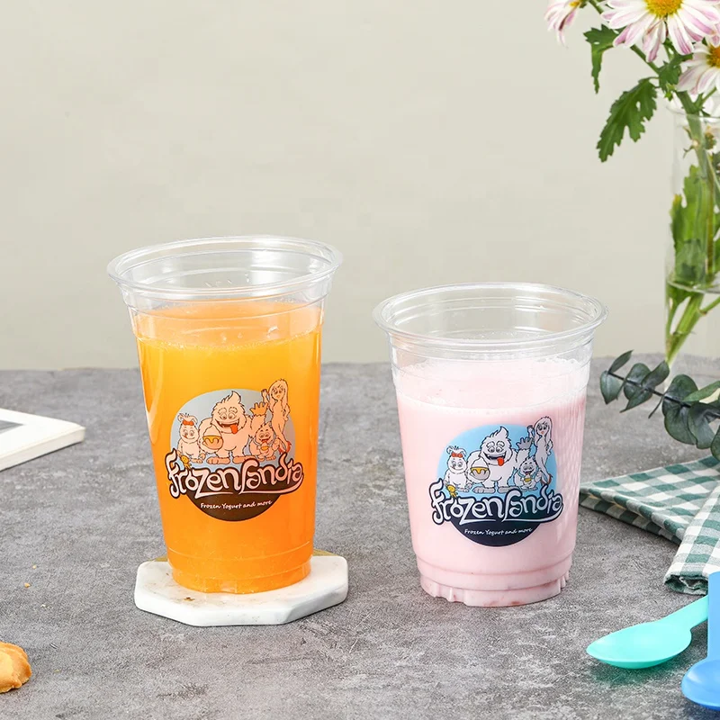 To go clear printed  disposable 92mm pet beverage cool drink plastic bekers recycled plastic cups