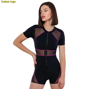 Custom Logo Women's Plus Size Colorblock Full Zip Short Sleeve One Piece Swimsuit Rash Guard Bathing Suit Athletic Surf Swimwear