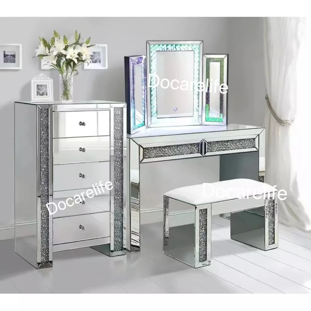 2022 Docarelife Newly Design Modern Corner Bedroom Set Lighted Mirror Dressing Table Makeup Mirrored Dressers