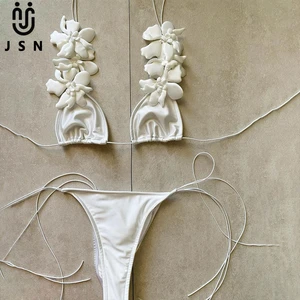 JSN 2026 New design customized solid women's two piece swimsiut 3d flower sexy backless thongs bikini for ladies triangle bikini