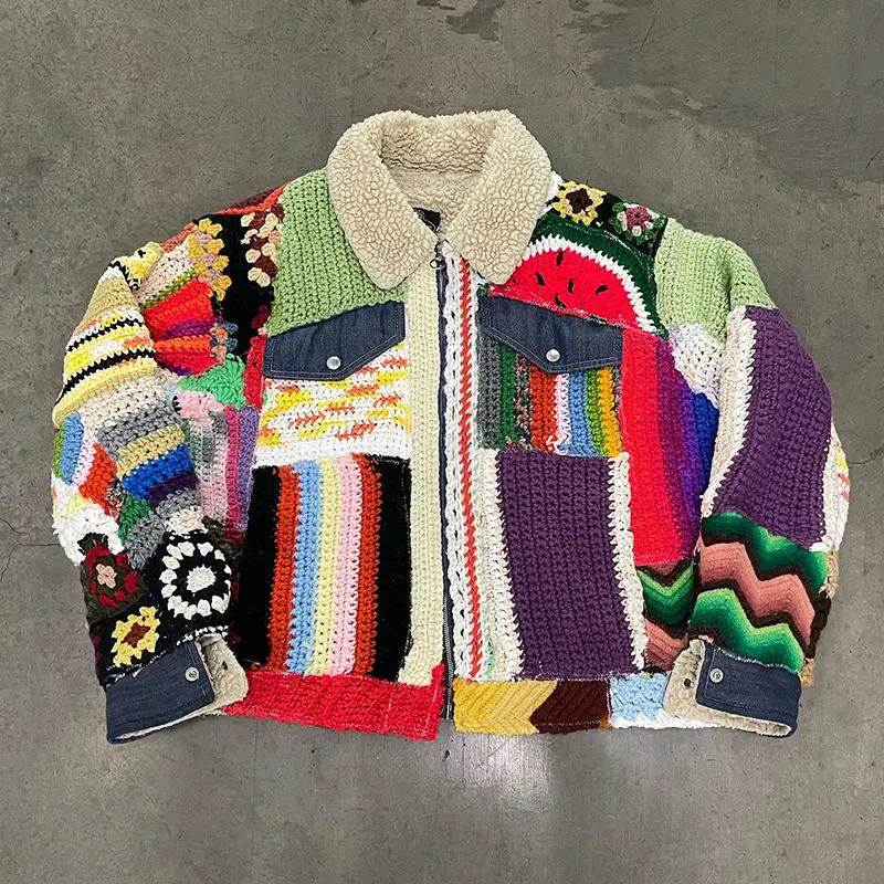 Salati Customized Patchwork Winter Zip Cotton Wool Knitted Jacket Plus Size Color Block Christmas Sweater Fleece Jacket for Men