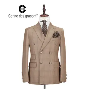 Mens Suit 2 Piece Slim Fit Brown Wedding Office Double Breasted for Cenne Des Graoom Lapel Blazer Trousers