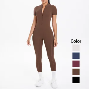 New High Waist Zipper Quick Dry No Back Sports Yoga Pants Short Sleeve Fitness Yoga Sports One Piece