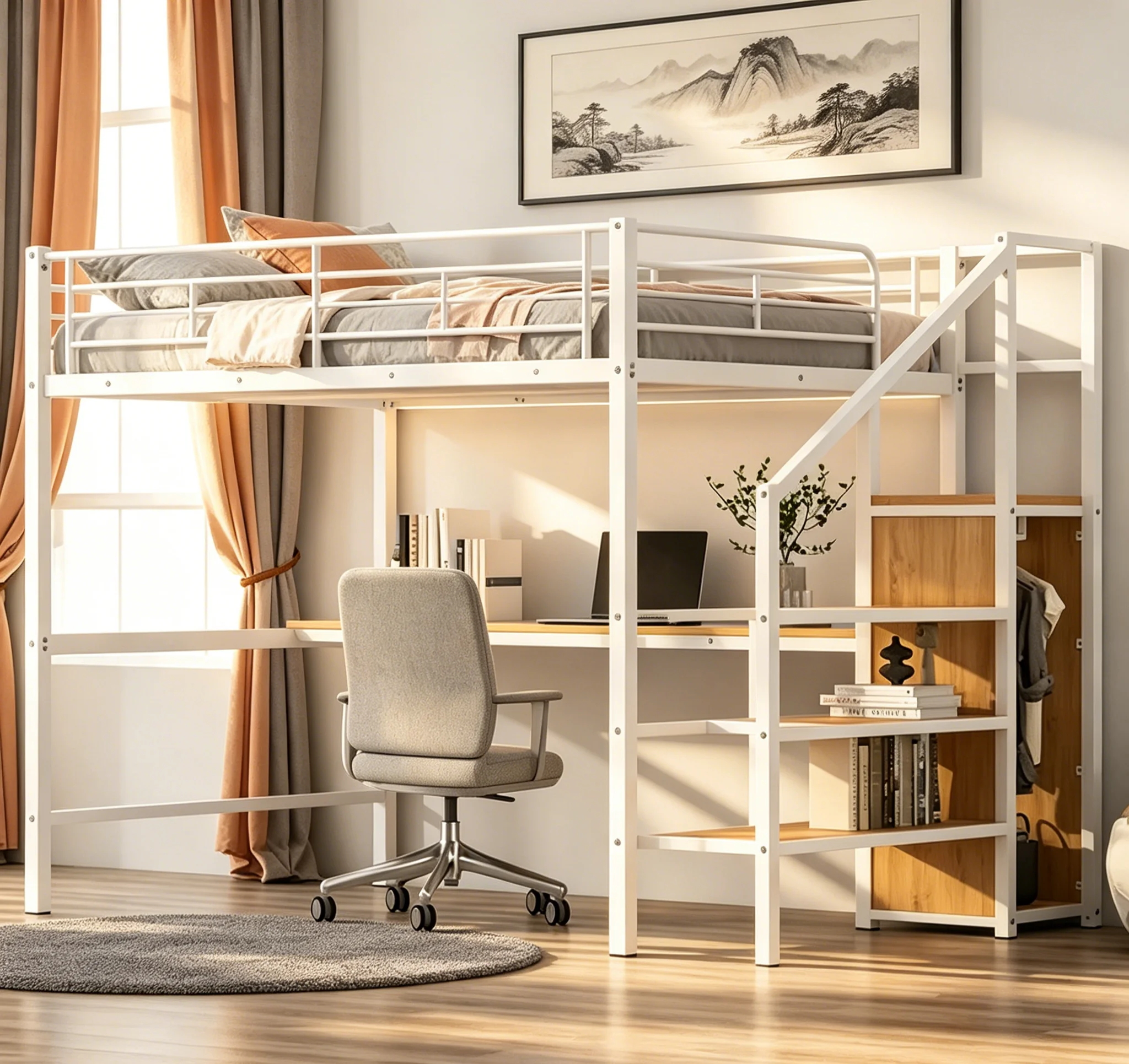 Metal Loft Bed for Dormitory Apartment Heavy Duty Bunk Bed with Desk Durable  with Storage Stairs for All Ages