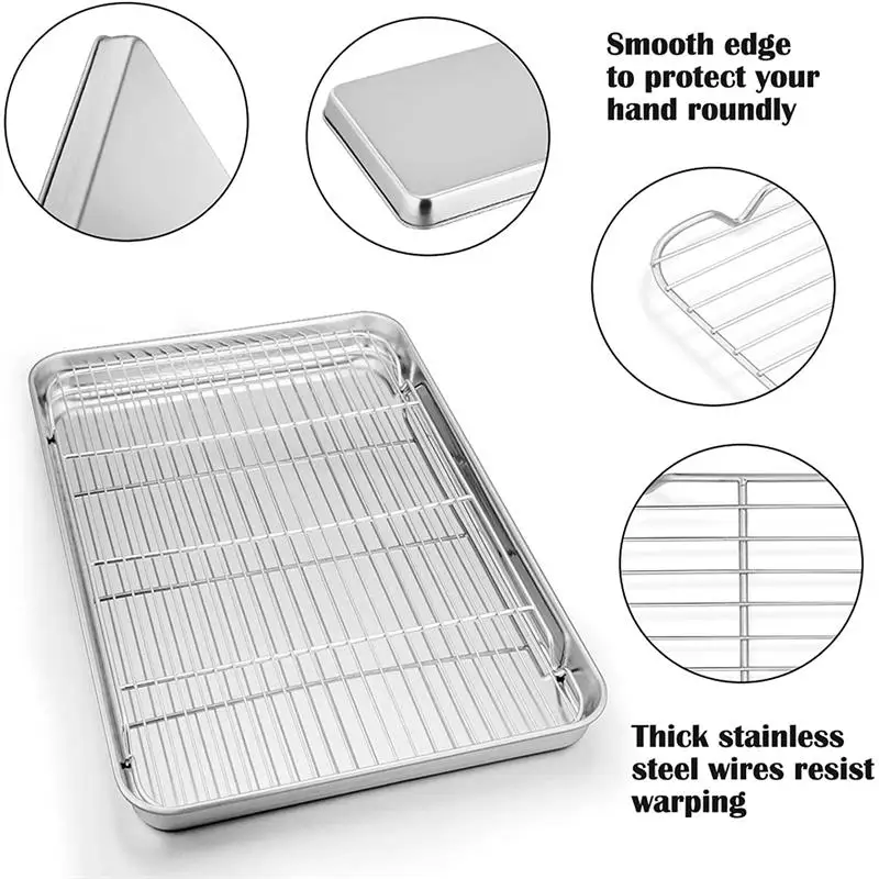 1set Stainless Steel Flat Baking Tray With Grid Rack And Draining