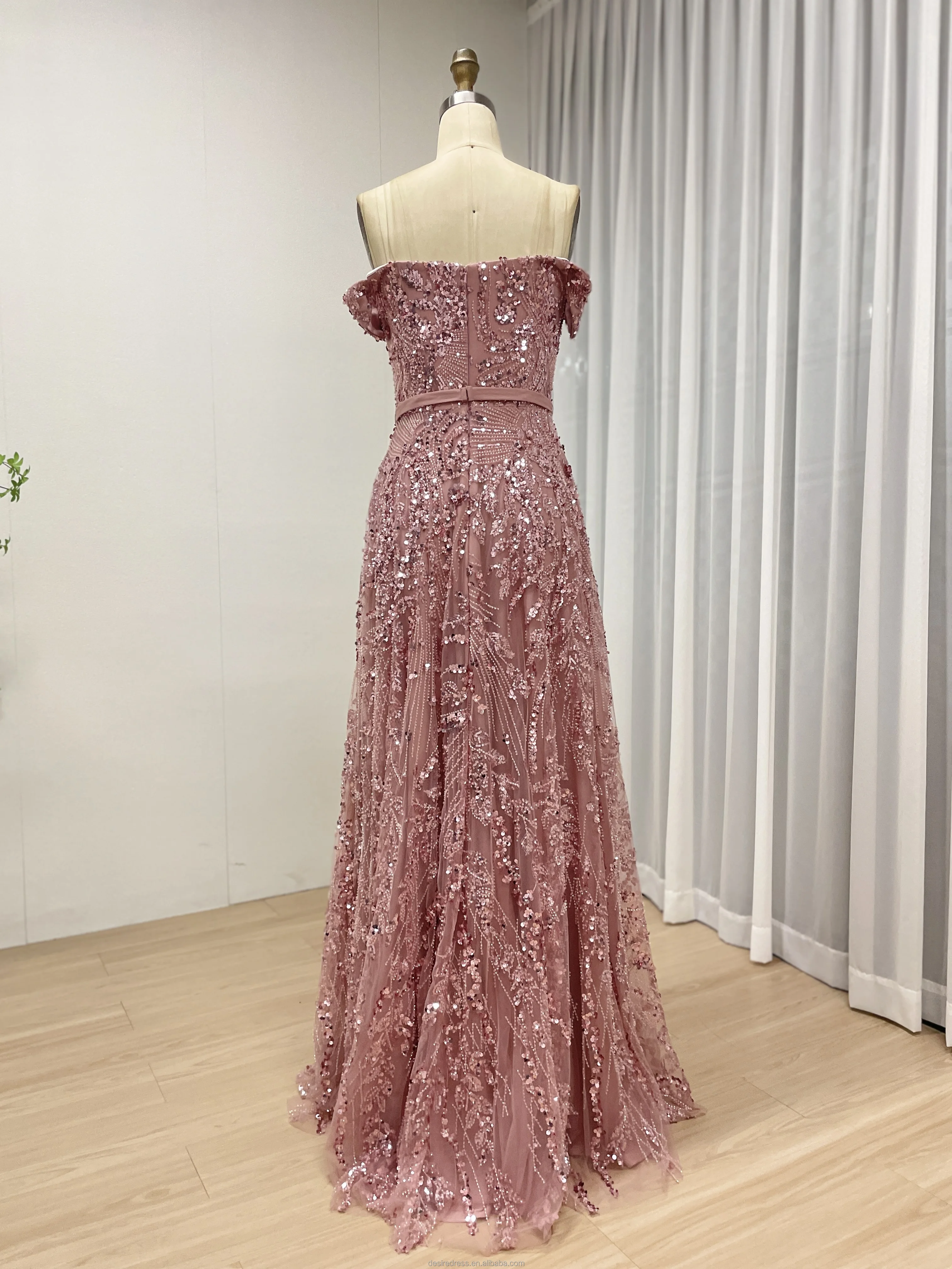 MB40383 Pink off Shoulder Evening Dress with Beading