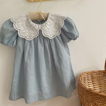 2024 Summer New Girl's Vintage Lace Dress Children's Baby Cotton Short Sleeve Dress