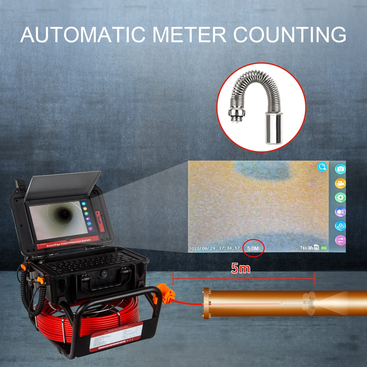 Sewer Camera 10.1Inch HD1080P Touch Screen 512Hz Sonde/Transmitter Pipe Inspection Camera 16GB Card Video Audio Recording&Meter Counter supplier