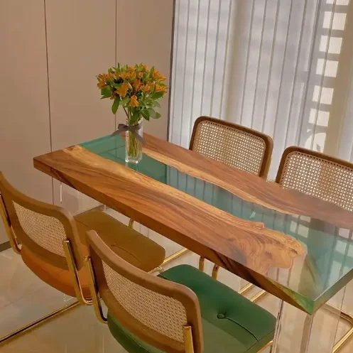 Durable Modern Minimalist Epoxy Dining Table Natural Solid Wood Resin River Table Art Waterproof Hotel Dining Room Furniture