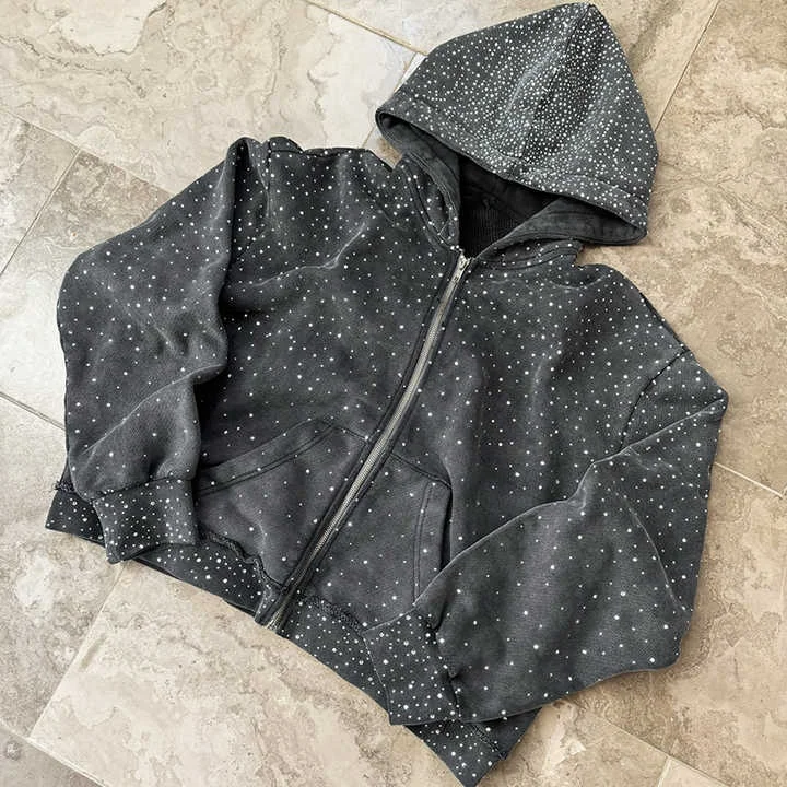 Salati Sweatshirt Men Manufacturer Custom 500GSM Bling Glitter Diamond Rhinestone Print Zip up Sun Faded Acid Wash Hoodie Unisex gallery 7
