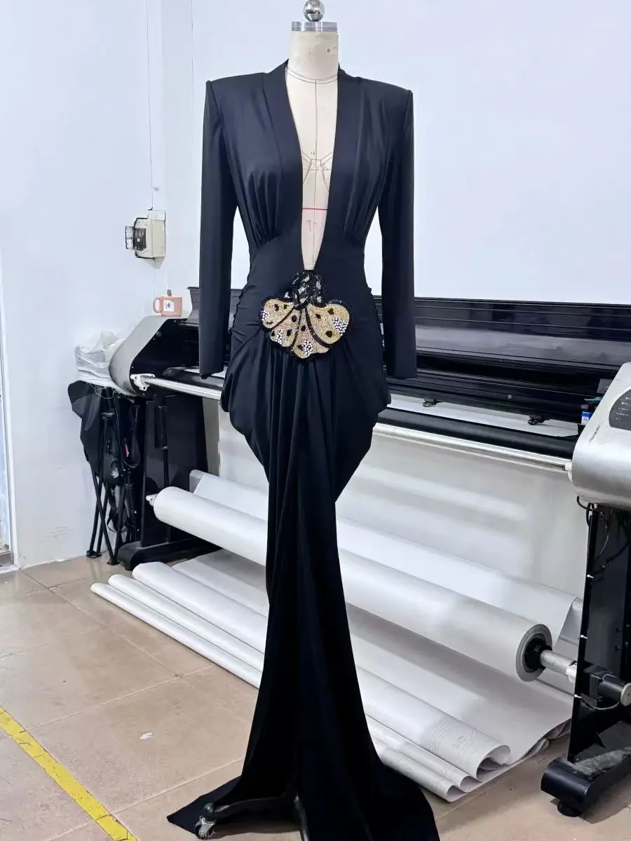 Ls2598 Empire Waist V-neck Long Sleeve Floor-length Sheath Dress With Embroidery For Formal And Party,, Ls2598 Empire Waist V-neck Long Sleeve Floor-length Sheath Dress With Embroidery For Formal And Party,,