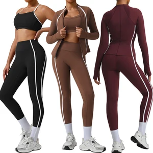 Sm2543  Blocking Colors Stripe Yoga Set Cross Back Sports Bra with Padding High Waist Leggings Yoga Coat Fitness Gym Outdoors