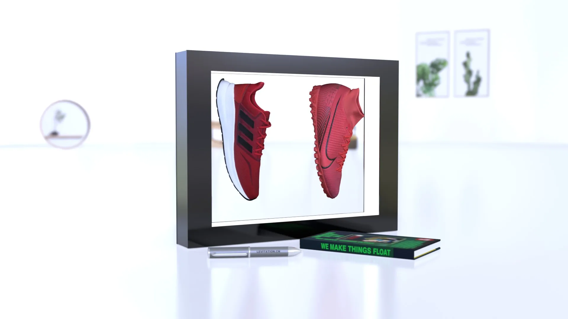 Customize  Acrylic Magnetic Floating Levitation Two Shoes Display Stand for Reseller Shoe Store Advertisement