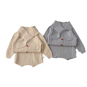 Soft 100%Cotton Toddler Girls' Cable Knit Cross Collar Bow Button-Front Cardigan & Rompers Two-Piece Set for Fall Winter Daily