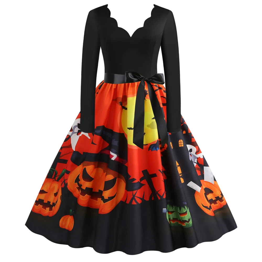 midi halloween dresses for women LYXSSBYX Halloween Costumes for Women Hollowed Out Dresses Long Sleeve Fashion Holiday Summer Solid Color Party Midi Beach Dress