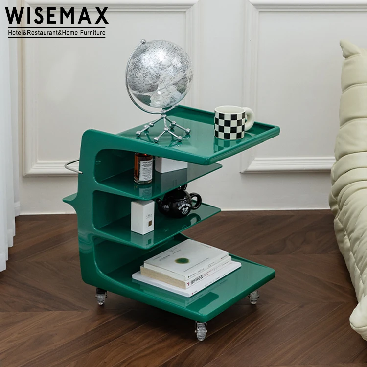 WISEMAX FURNITURE Nordic Living Room Furniture C Shape White Side Table Plastic Frame 4 Layers Coffee Table with Wheel