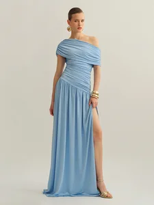 Bettergirl High-end Fashion Sexy Off-shoulder Pleated Knitted Blue Long Dress 2026 Summer Elegant Slim Banquet Dress