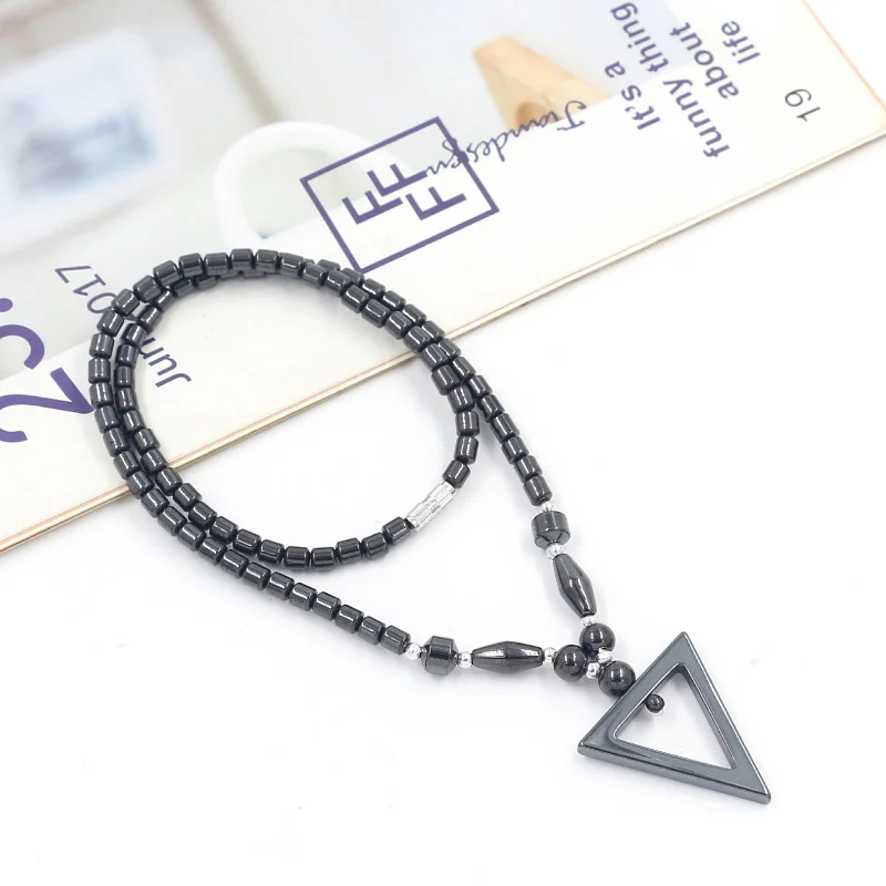 Geometry Cross Triangle Pentagonal Star Pendant Hematite Beaded Necklace for Men Women