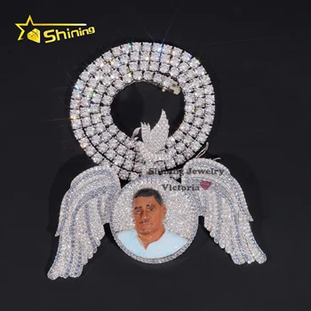 Custom Personalized Valentine Gife Picture Pendant 925 Sterling Silver 3" Width VVS Moissanite Diamond Wings Photo Pendant