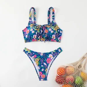 Bale Bulk Blue Floral Bow Decor Tankini 2-Piece Sexy Swimwear for Women