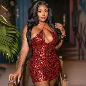 GX25249 Fashion Summer Sexy Nigh Club Dresses Women Clothing Boutique Sleeveless Party Halter Backless Sequin Mini Dress