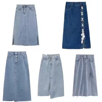 Wholesale Bias-cut skirt with sailor-style Jean Skirt Women High Quality Cotton Maxi Long Denim Skirts