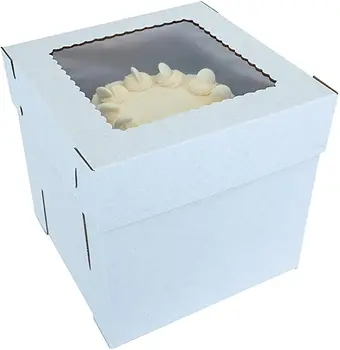 Wholesale Classic 8,10,12Inch Square White Paper Cake Boxes with Clear Windows for 8,10,12 Inch Cakes lid boxes