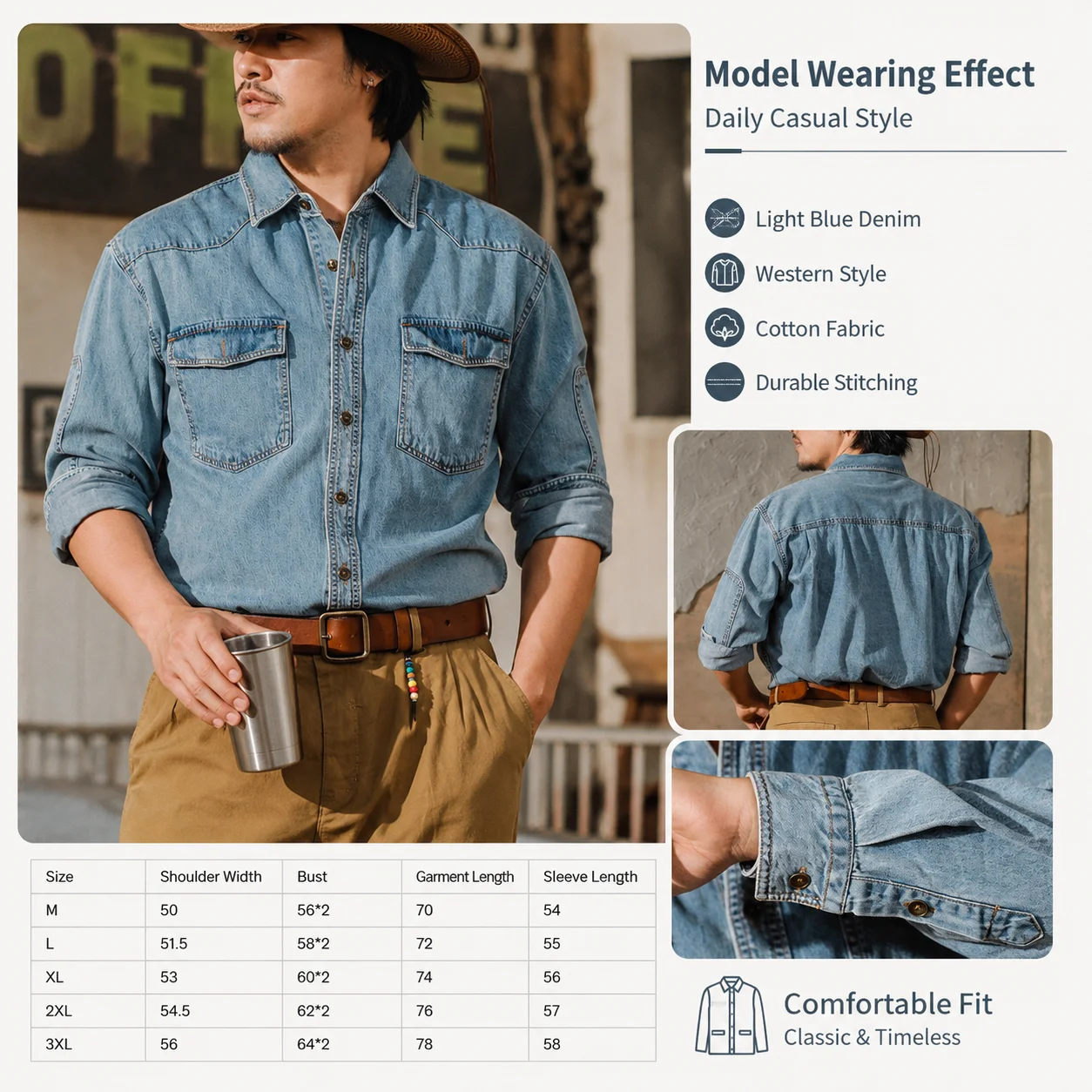 American Retro Western Cowboy Shirt Men Amekaji Long Sleeve Casual Denim Workwear Washed Tough Guy Jacket