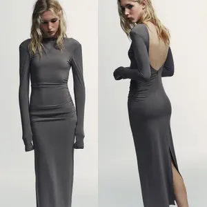 Custom Women's Office Casual Maxi Dress Fashion O Neck Long Sleeve Slim Hip Solid Color Ladies Elegant Grey Dresses Women