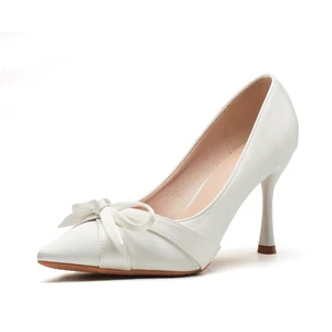 Stylish White Satin Office Shoes Pumps with Pointed Toe Stiletto Heel Slip-On Closure Comfort Summer 5cm/7cm