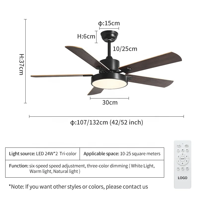 724B 42/52 дюймовый потолочный вентилятор с комплектом светильников с дистанционным управлением, 5 лезвий, вентилятор из МДФ