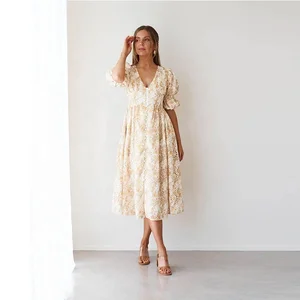 Clothing Manufacturer Custom Spring Summer v Neck Short Sleeve Elegant Women Floral Beach Midi Dress