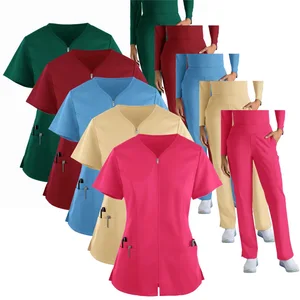 Breathable Cheap Doctor Nurse Scrub Suit Zipper Cardigan Short Sleeve Working Clothes Hospital Unisex Two-Piece Medical Scrubs