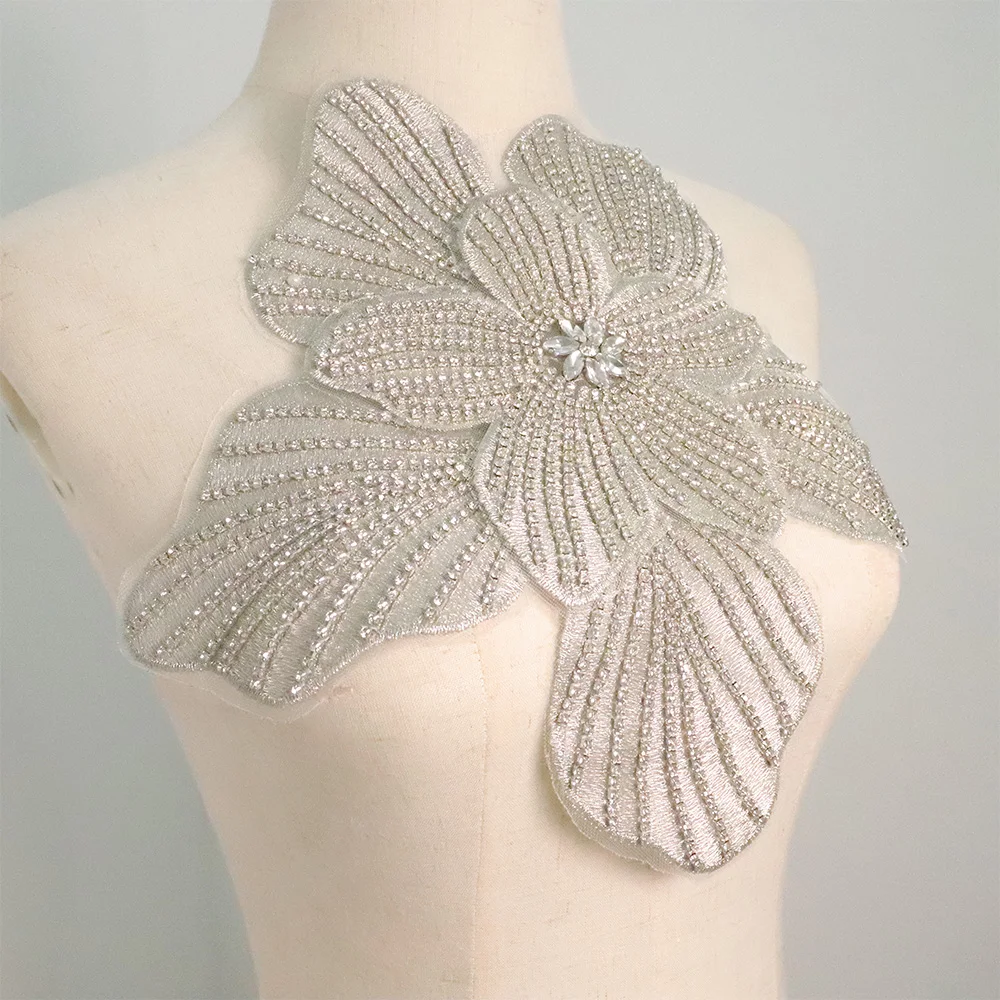 Luxury 3D Flower Beaded Patches with Silver Metallic Thread Sew-On Style Beaded Embroidered Collar Lace Applique
