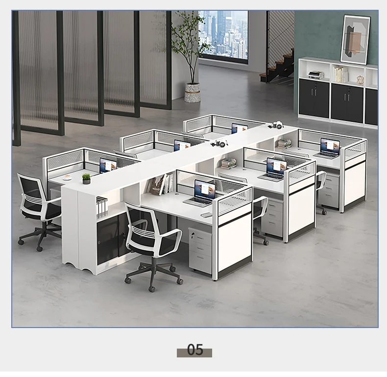 Modern Luxury Wooden White Office Furniture Staff Table Modular Workstation With Drawer 6 Person